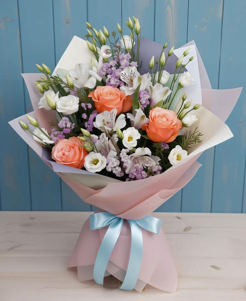 Букет цветов из: Лизиантусы, Розы, Альстромерии и Гипсофила в Воркуте