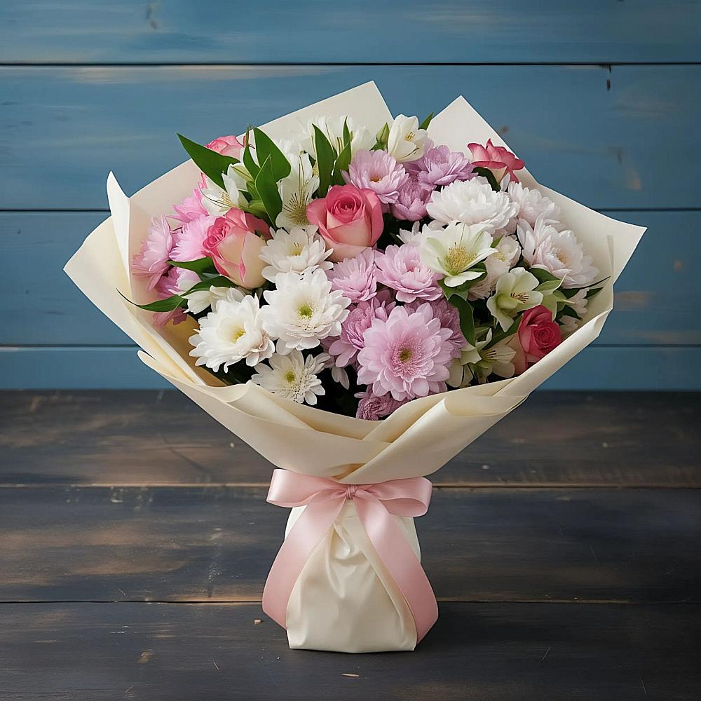 Букет цветов из: Хризантемы, Альстромерии и Розы в Воркуте